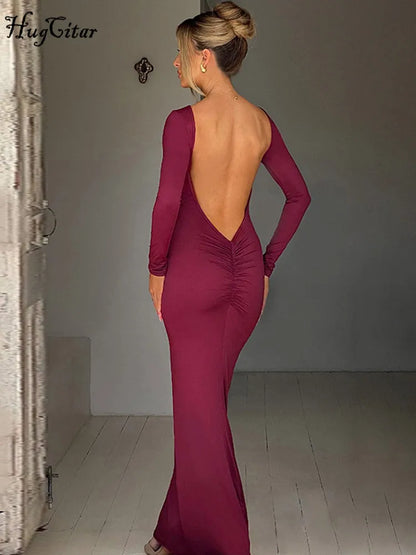 Hugcitar Spring Elegant Long Sleeve Backless Solid Cuched Sexy Bodycon Maxi Prom Dress Women Outfit Evening Party Festival Y2K - Smarsty