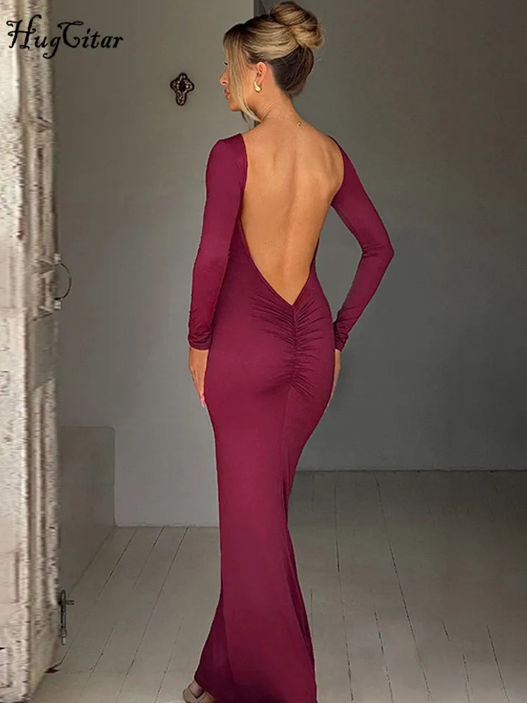 Hugcitar Spring Elegant Long Sleeve Backless Solid Cuched Sexy Bodycon Maxi Prom Dress Women Outfit Evening Party Festival Y2K - Smarsty