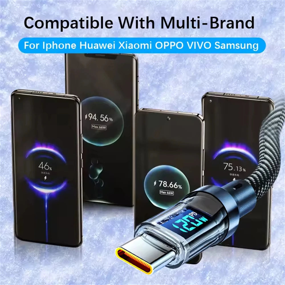 NNBILI 120W Super Fast Charging Cable Real-time Digital Display USB A to Type C data Cable For iPhone Android Phones Universal - Smarsty