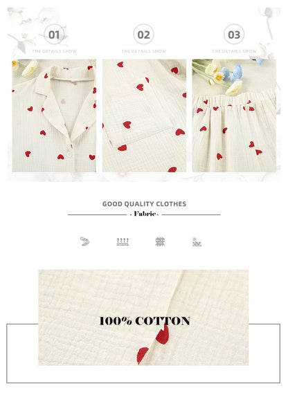 Summer New Love Heart Print Pyjama 100% Cotton Long Sleeve Set 2Pcs Outfit Lapel Sleepwear Button Down Women's Pajamas Nightwear - Smarsty