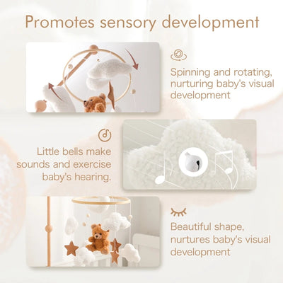 Wooden Crib Mobile Baby Bed Bell Rattle Toy Soft Felt Cartoon Bear Mobile Hanging Newborn Music Box Bed Bell Hanging Bracket Toy by Smarsty