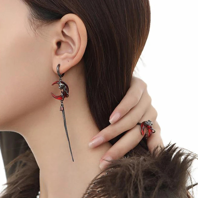 Red Moon Gem Asymmetric Earrings for Unique Punk Style - Smarsty