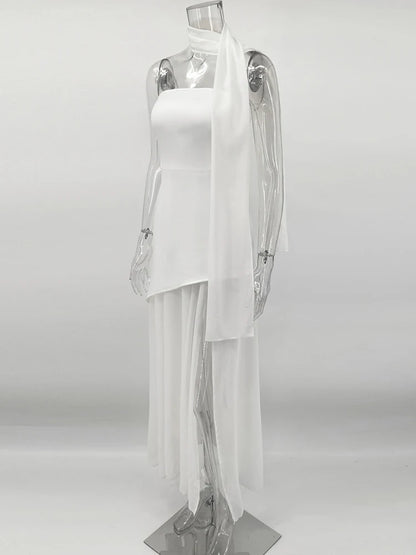 TARUXY Fashion Strapless Dress With Ribbon Female Elegant Sleeveless Mesh Beach Vacation Long Dress 2025 Spring New Women Dress