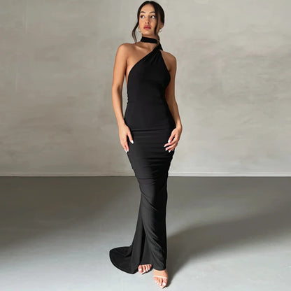 Hugcitar One Shoulder Backless Adjustable Scarf Loop Ruched Sexy Maxi Dress Women Elegant Y2K Streetwear Festival Outfit - Smarsty