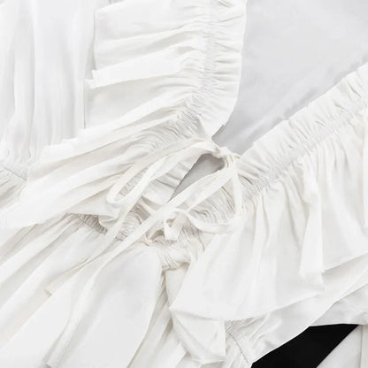 Talenza White Ruffle Bandage Mini Dress Women's Elegant Patchwork Long Sleeve Dress New Slim V Neck Lace Up Summer Mini Dress - Smarsty