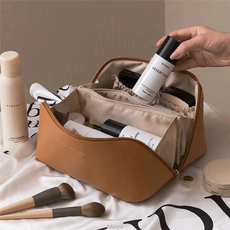 Fashion Portable PU Leather Large Capacity Travel Cosmetic Bags Makeup Pouch Women Waterproof Bathroom Multifunction Wash Bag - Smarsty
