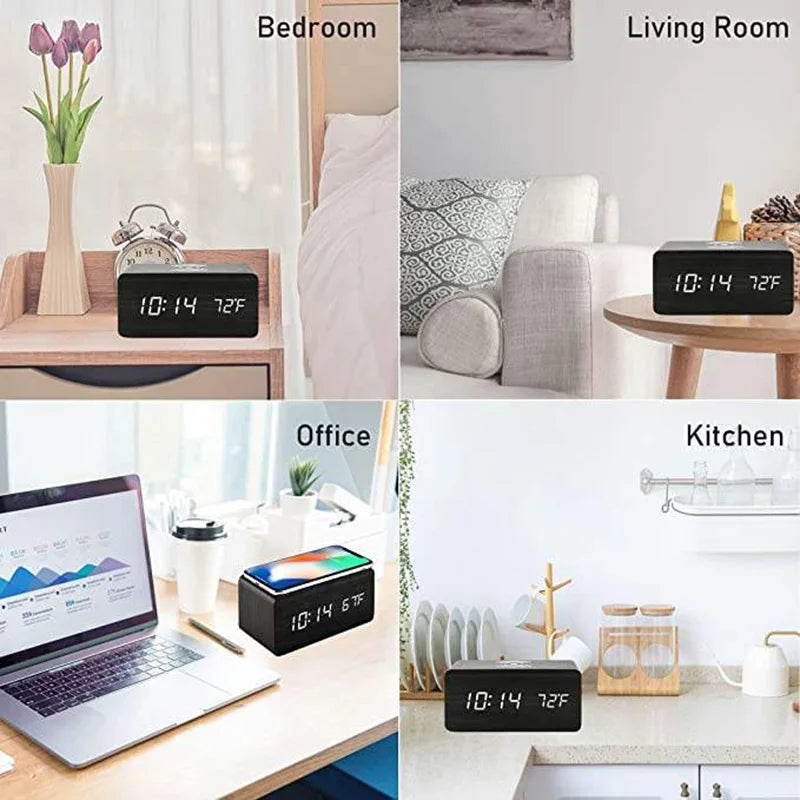 Wooden Digital Alarm Clock with Wireless Charging Feature - Smarsty