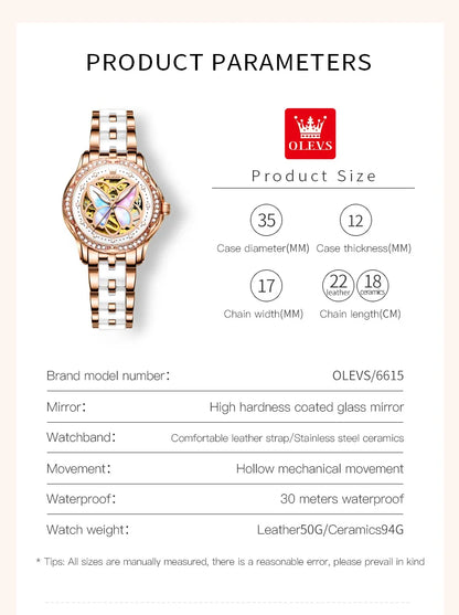 OLEVS 6615 Womens Watch Original Bezel Ceramic Mechanical Automatic Wristwatch Waterproof Luminous Ladies Watch Butterfly Dial - Smarsty