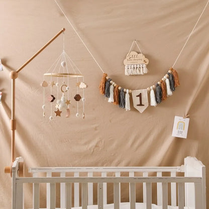 Baby Crib Mobile Bed Bell Rattle Toys Wooden Crochet Stars Pendant Bed Bell Toys Newborn Comfort Crib Bracket Hanging Toys Gifts