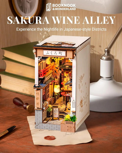 Robotime Sakura Wine Alley DIY Booknook with Lights DIY Miniature Dolls House Kit 3D Wooden Puzzle Bookend Bookshelf Decor Gift by Smarsty