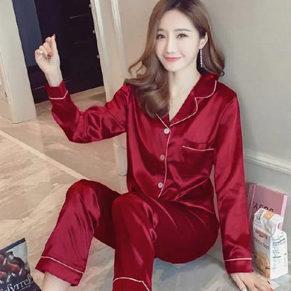 Plus Size Autumn and Winter Silk Pajamas Women Tops and Pants Solid Casual Soft Nightwear Buttons Cardigan Sleepwear Homewear - Smarsty