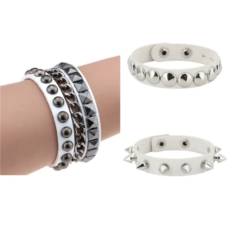 Black Goth Leather Bracelets Set with Spike Rivets - Smarsty