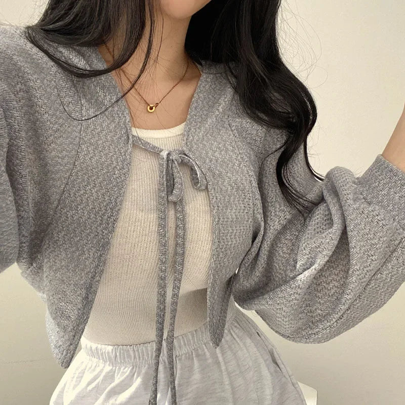 White Knitted Cardigan for Women Summer Thin Sunscreen Lace-Up Knitwear Tops Female Fashion Korean Lantern Sleeve Short Coat - Smarsty