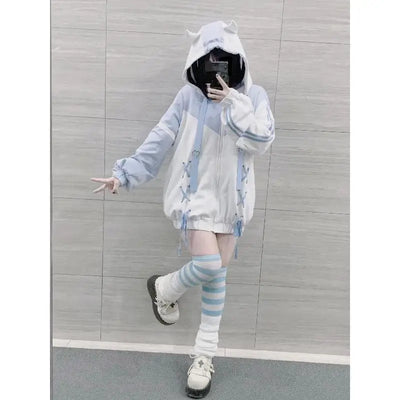 Girls Stitch Woman Clothing Subculture Japanese Hoodie Blue White Autumn Woman Sweatshirts Zipper Winter y2k Clothes Hoodies - Smarsty