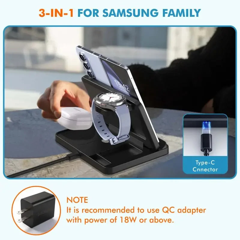 3 In 1 Wireless Charger Stand With Fast Charging Dock - Smarsty