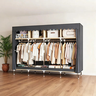 Heavy Duty Fabric Wardrobe 78.7x17.7x66.9in - 4 Hanging Rods & 4 Storage Spaces, 16mm Metal Frame with Thick Dust Cover - Smarsty