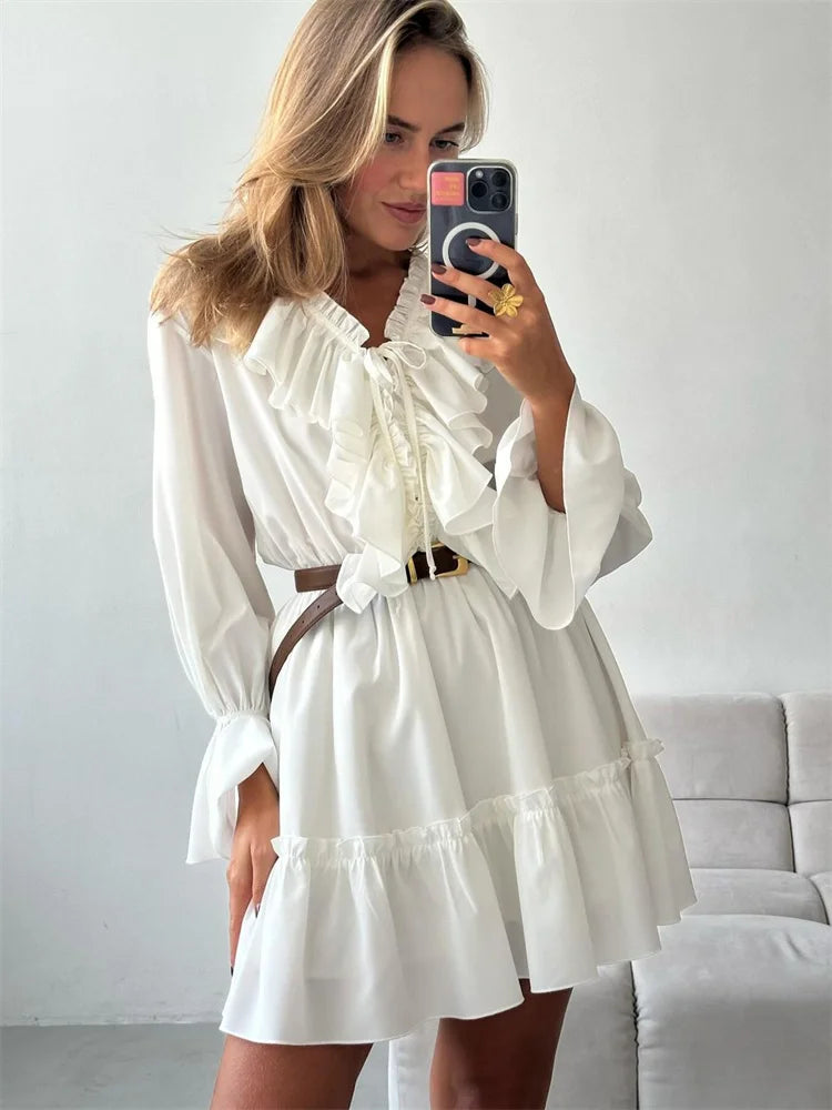 Tossy Ruffled V-Neck White Mini Dress Female Patchwork Long Sleeve Elegant Bandage Fashion Dress High Waist Lace-Up Women Dress - Smarsty