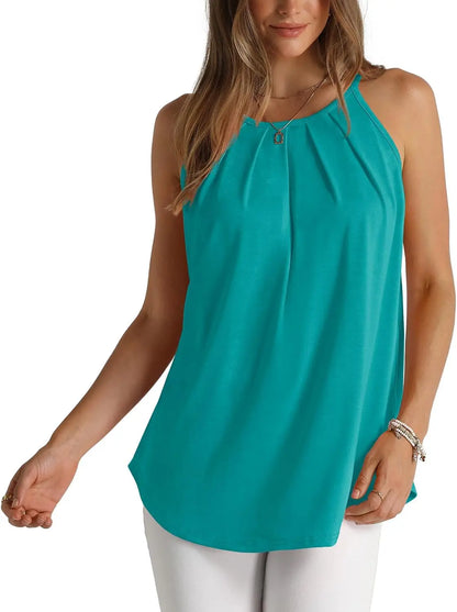 Womens Pleated Tank Tops Spaghetti Strap Camisole Halter Tops Curved Hem Fashion 2024
