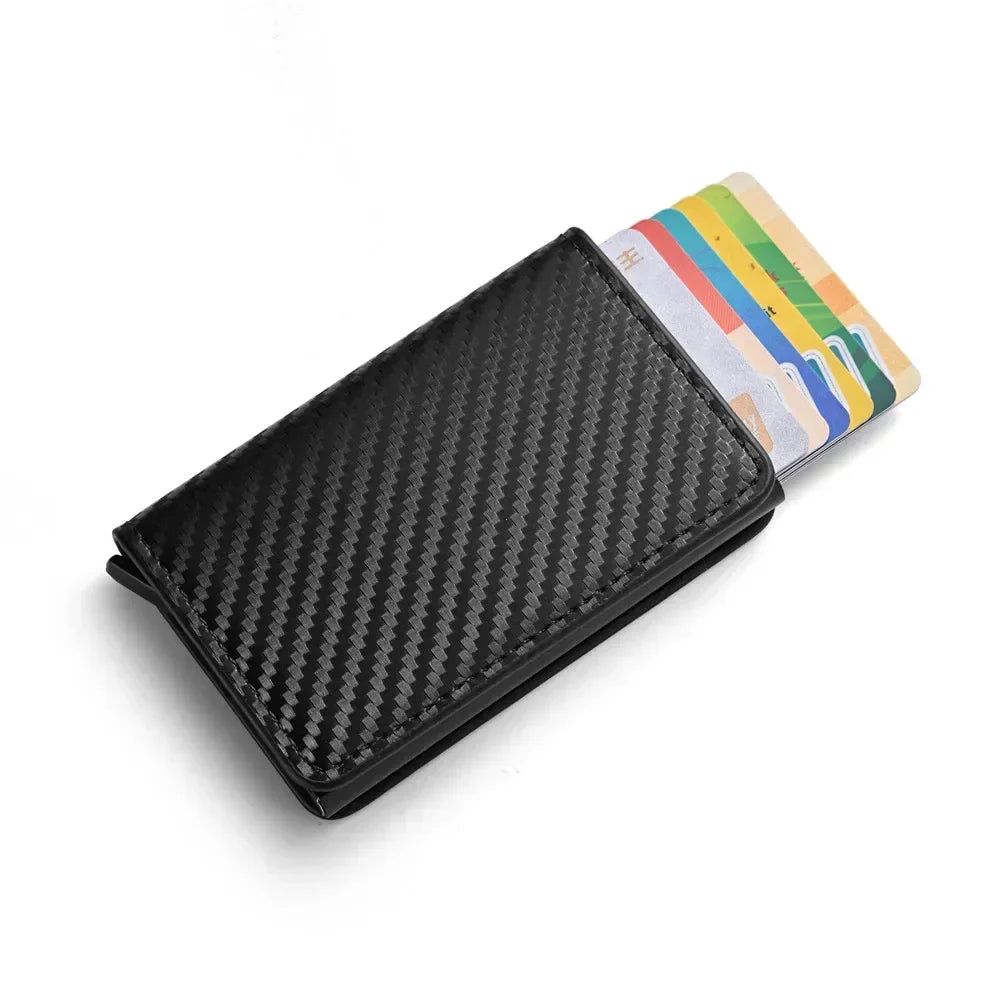 RFID Anti Blocking Anti-theft Automatic Pop-up Card Holder, Men's Black ID Credit Card Holder Case Wallet, Carbon Fiber Purse