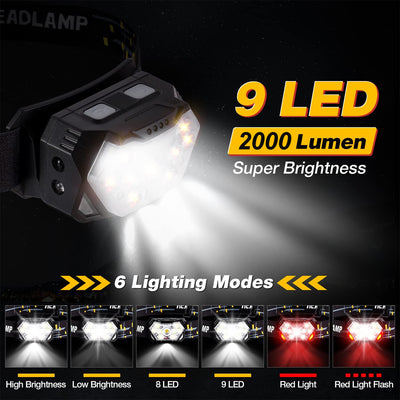 9 Led Strong Light Headlamp USB Rechageable Motion Sensor Headlight Portable Fishing Camping Outdoor Head Lamp Work Flashlight by Smarsty