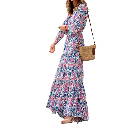 Women's Autumn New Fashionable Printed Sexy V-neck Long Sleeve High Waist Elastic Waist Medium Length Bohemian Dress - Smarsty