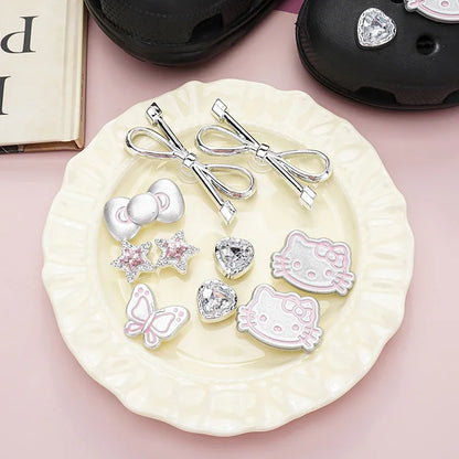 MINISO Hello Kitty Shoe Charms Set Silver Katie KT Cat Girls Women Sandals Accessories Hole Shoes Slippers & Clogs Decoration