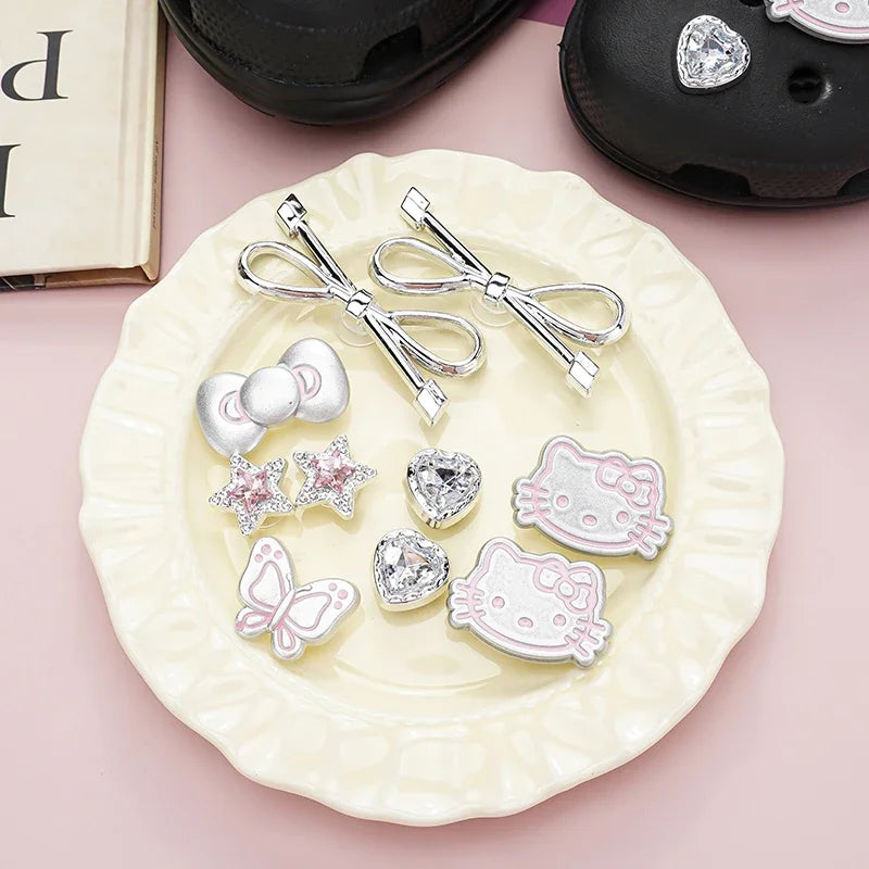 MINISO Hello Kitty Shoe Charms Set Silver Katie KT Cat Girls Women Sandals Accessories Hole Shoes Slippers & Clogs Decoration