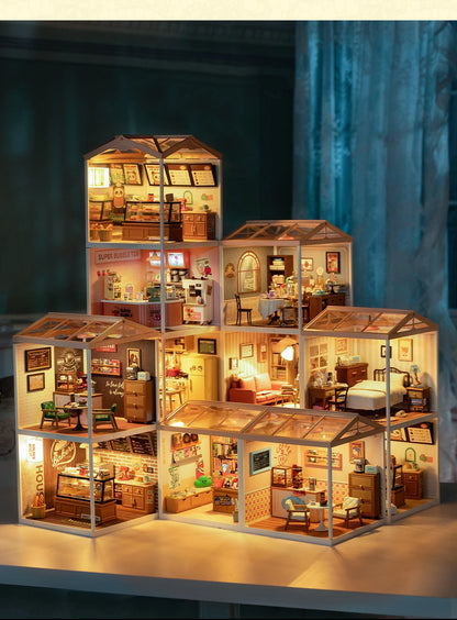 Robotime Rolife Super Creator Series Plastic Dollhouse Building Blocks for Kids Yum Burgers Leisurely Cheers Bar Sweet Sips Tea