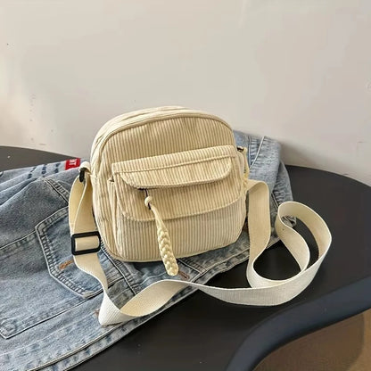 Corduroy Crossbody Bag Zipper Closure Adjustable Strap - Smarsty