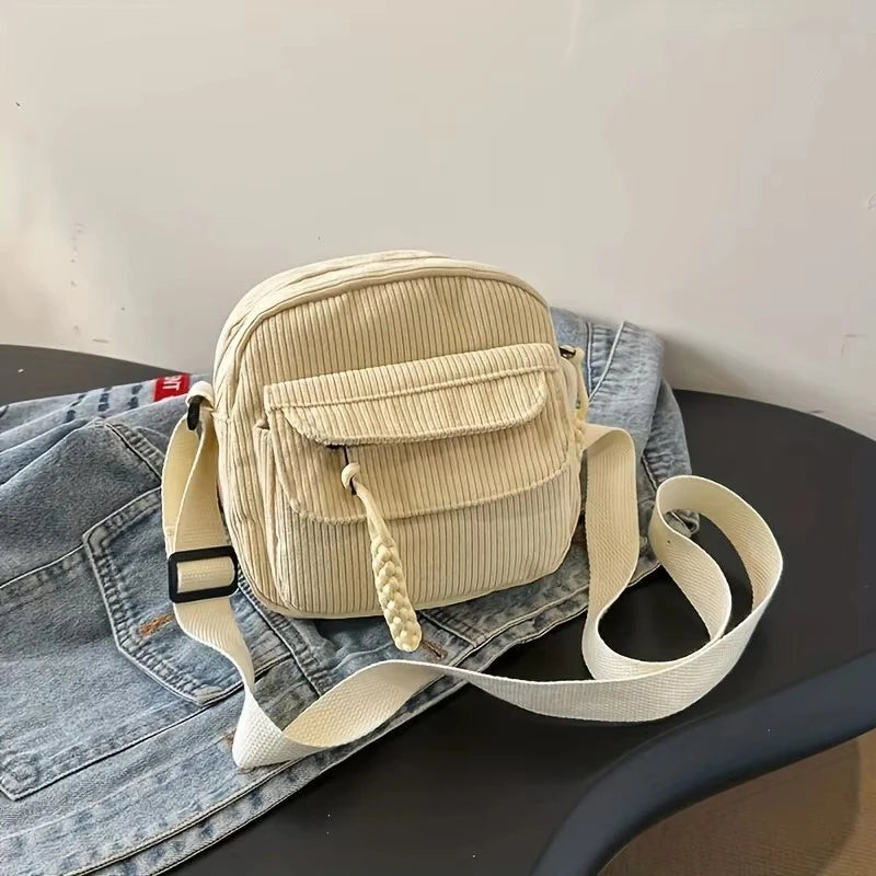 Corduroy Crossbody Bag Zipper Closure Adjustable Strap - Smarsty
