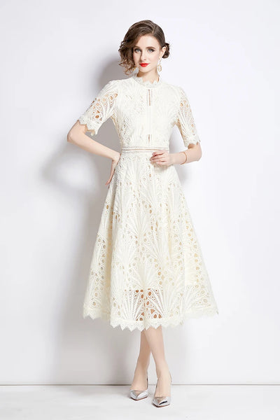 H Han Queen Spring New Elegant Casual Work Party Dresses Floral Crochet Hollow Out Lace Patchwork Casual Office Midi Dress - Smarsty