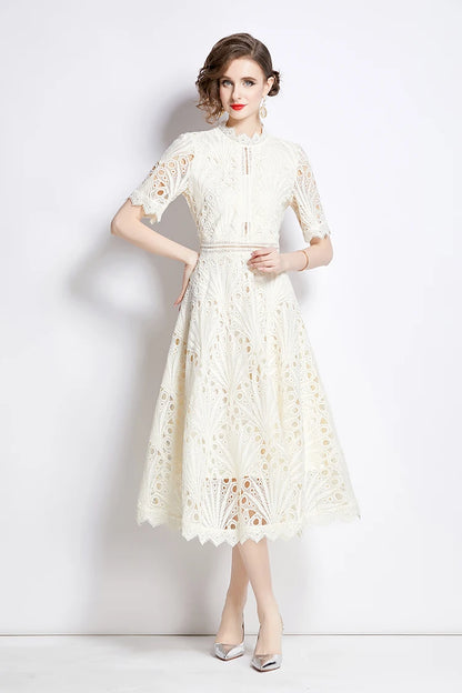 H Han Queen Spring New Elegant Casual Work Party Dresses Floral Crochet Hollow Out Lace Patchwork Casual Office Midi Dress - Smarsty