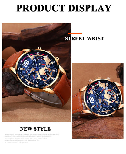 Luxury Men's Quartz Watch Set with Brown Leather Band - Smarsty