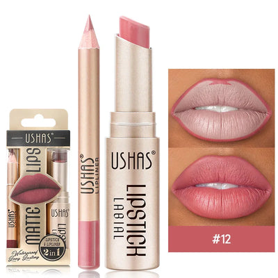 USHAS 12 Color Lip Liner and Lipstick Set Long Lasting Matte Finish - Smarsty
