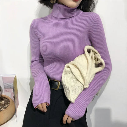 2024 Autumn Winter Thick Sweater Women Knitted Ribbed Pullover Sweater Long Sleeve Turtleneck Slim Jumper Soft Warm Pull Femme - Smarsty