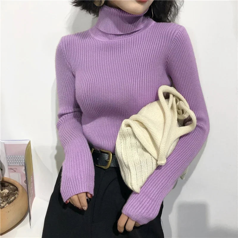 2024 Autumn Winter Thick Sweater Women Knitted Ribbed Pullover Sweater Long Sleeve Turtleneck Slim Jumper Soft Warm Pull Femme - Smarsty