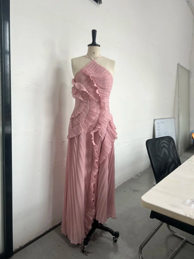 Elegant Purple Halter A Line Prom Gowns Ruffles Tiered Backless Party Gown Summer Vacation Chiffon Long Evening Dress - Smarsty