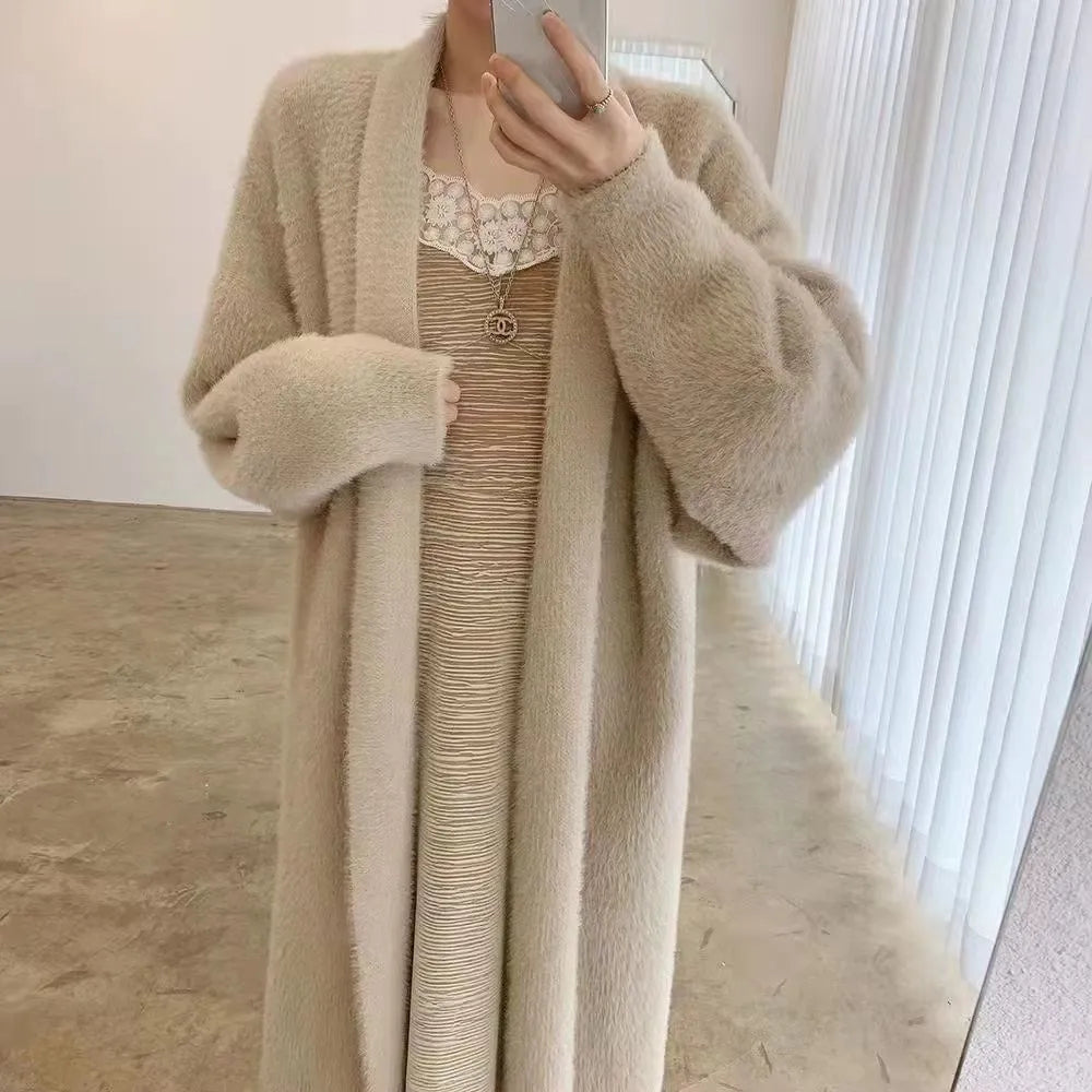 white Long Cardigan for women 2025 new winter clothes Knitted fluffy long sleeve Cashmere sweater coat korean style warm vintage - Smarsty