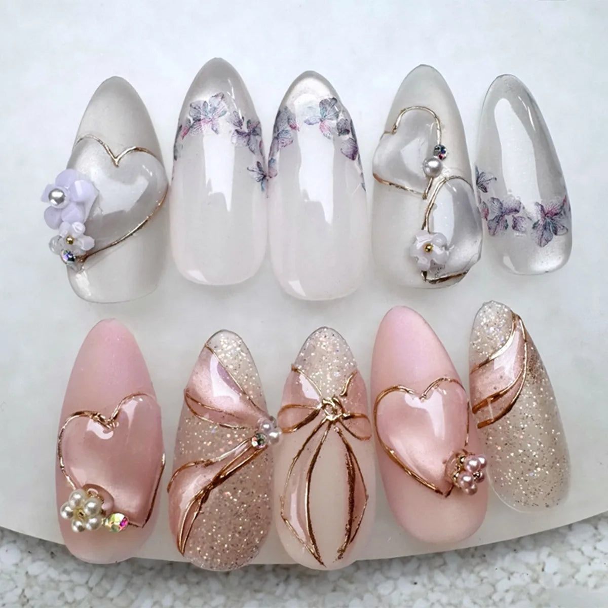 Colorful Press On Almond Nails Set with Pearl Flowers - Smarsty