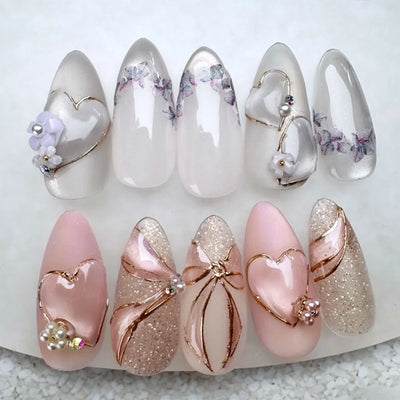 Colorful Press On Almond Nails Set with Pearl Flowers - Smarsty