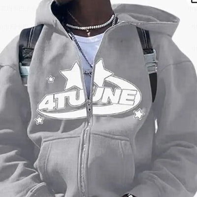 New Clothes Star Letter Print Retro Oversized Hoodie Women Y2K Street Hip-Hop Color Harajuku Casual Zipper Women Sweatshirt - Smarsty