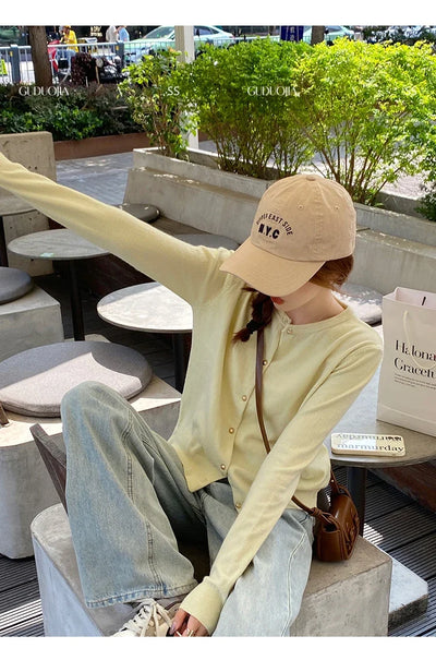 Solid Color Knitted for Women Cardigan Korean Single Breasted Long Sleeve Jumper Woman Round Neck All Match Cardigans Outwear - Smarsty