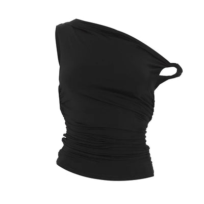 Simple Basic Casual Summer Tank Top Sleeveless Solid Color Off Shoulder Side Ruched Crop Tops Vestidos Spring Women T S - Smarsty