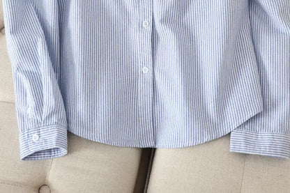 Casual Cotton Women's Oxford Shirt 2024 Autumn New Good Quality Woman Blouse and Tops Lady White Blue Striped Shirts Clothes - Smarsty