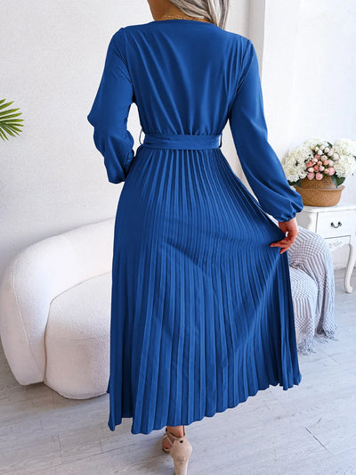 Women Elegant V Neck Long Sleeve Pleated Maxi Dress - Smarsty