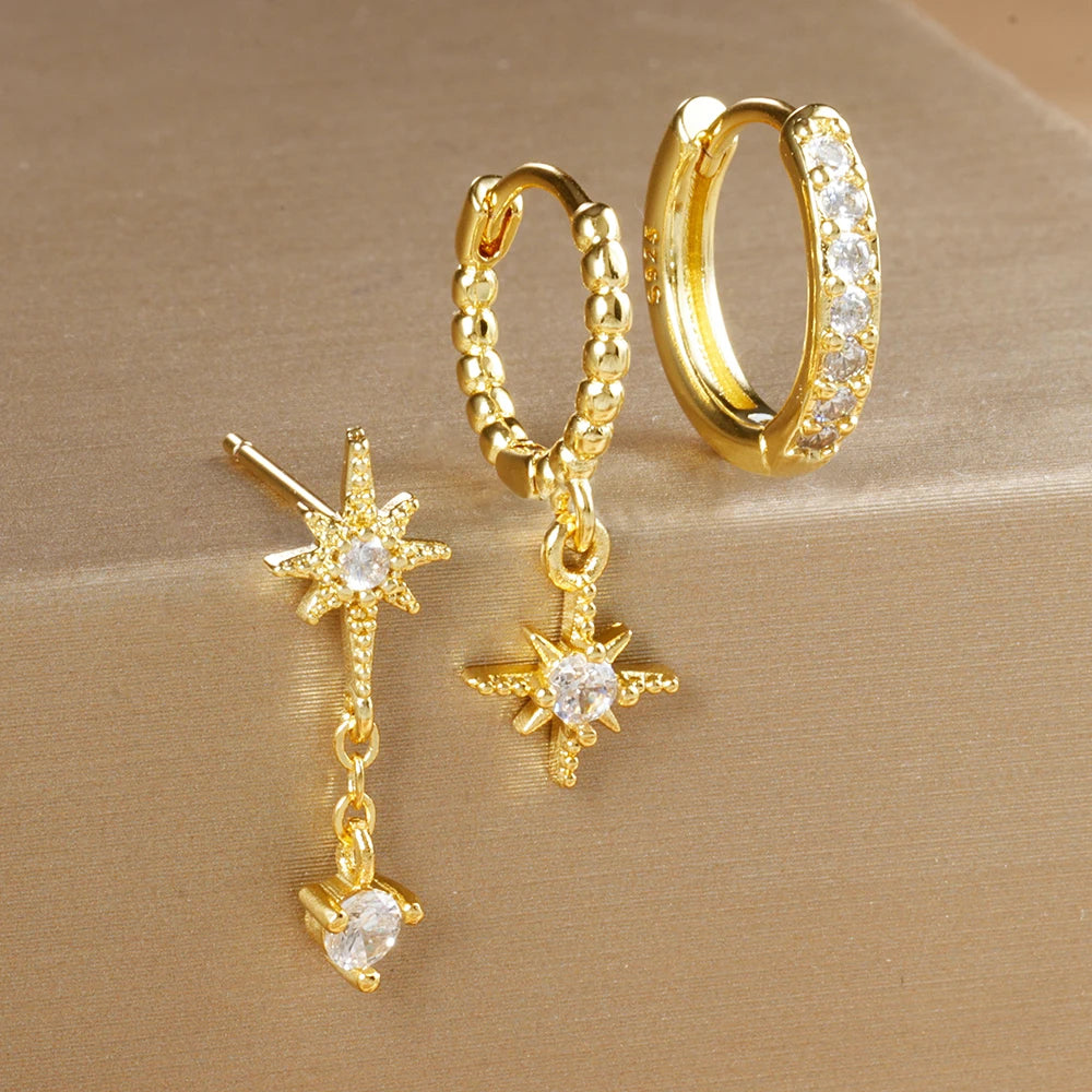 3Pc Stainless Steel Star Stud Earrings Sparkling Zircon - Smarsty