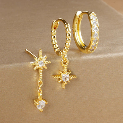 3Pc Stainless Steel Star Stud Earrings Sparkling Zircon - Smarsty