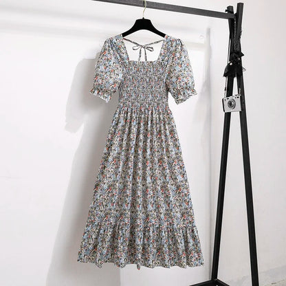 Spring Summer Chiffon Dresses Fashion Female Elastic Waist Short Sleeve Pleated Casual Dress Women A-line Dresses Vestidos - Smarsty
