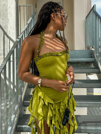 Dulzura Sleeveless Halter Ruffles Patchwork Mini Dress Women’S Solid Sexy Outfit Prom Party Clubwear Autumn Winter Clothes - Smarsty