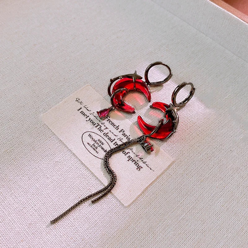Asymmetrical Red Moon Rose Drop Earrings for Women Stylish Jewelry - Smarsty